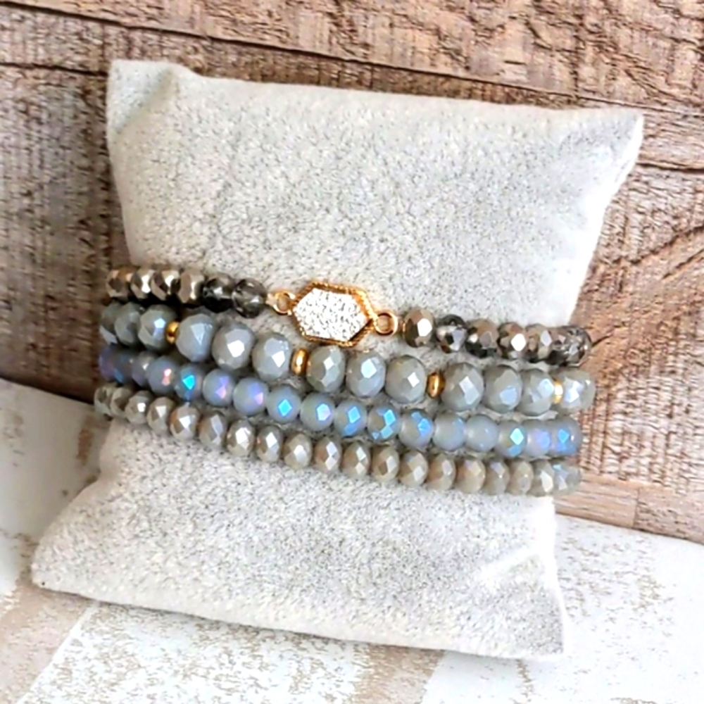 Silver & Gray Crystal Beaded Boho Bracelets Multi Layer Stretch Natural Gemstone - Picture 11 of 12